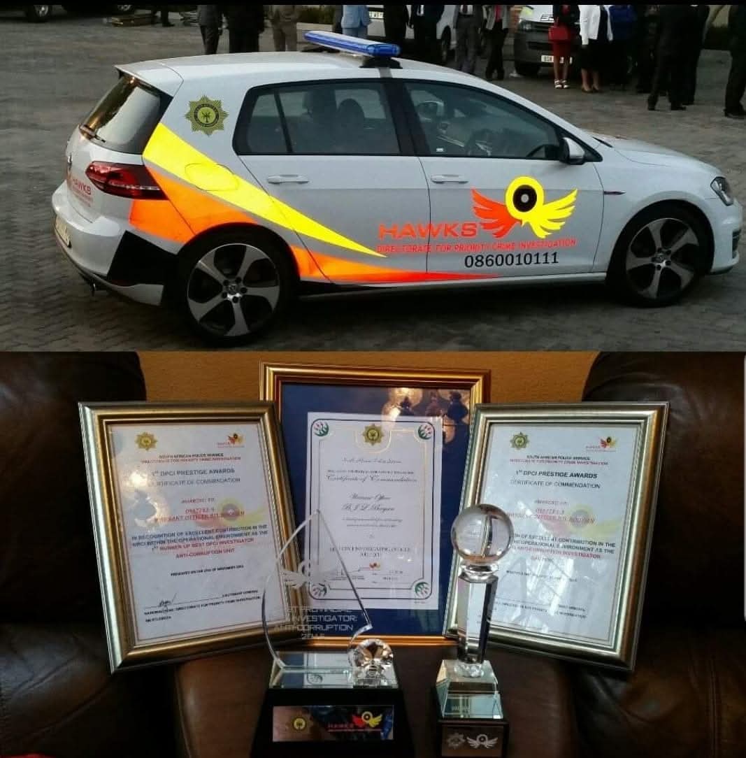 Ben Booysen's Hawks (DPCI) service vehicle and SAPS commendations, including the 1st DPCI Prestige Award for Best Investigator — Anti-Corruption Unit